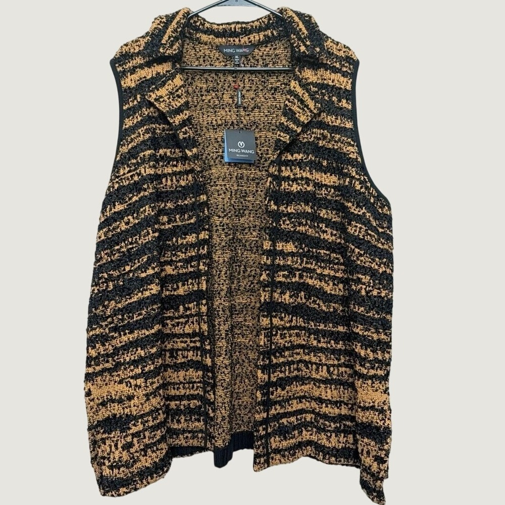 Ming Wang XL Tiger Print Knit Vest Black Gold Open‎ Front Sleeveless Jacket NEW